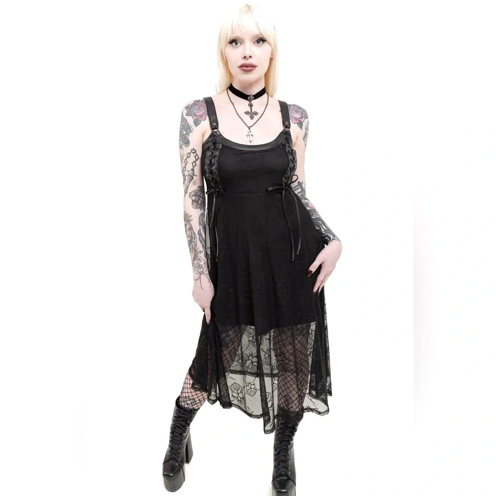 Killstar Anne Arkist Black Skull Lace Midi Goth Sleeveless Dress XL NWT - Picture 9 of 16